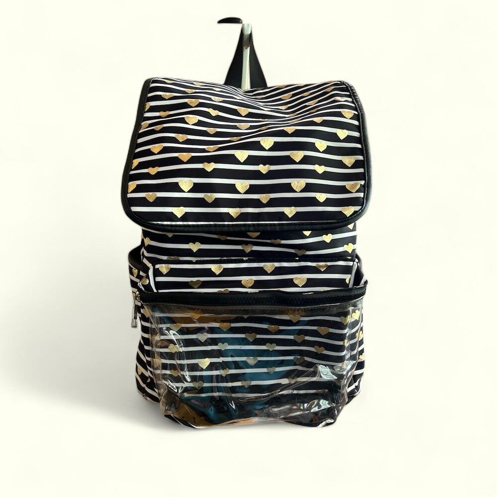 Girls Backback Black and White Stripes Gold Hearts